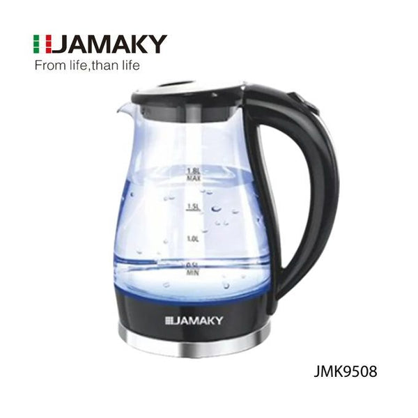 غلاية كهربائية من JAMAKY بسعة 1.8 لتر – زجاج بوروسيليكات + ضوء أزرق – 1600 واط – JMK9508