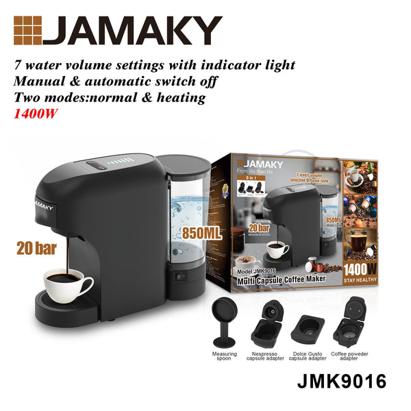 ماكينة قهوة 3 في 1 من جاماكي – 1400 واط – مضخة 20 بار – سعة 0.85 لتر – JMK Coffee Pro