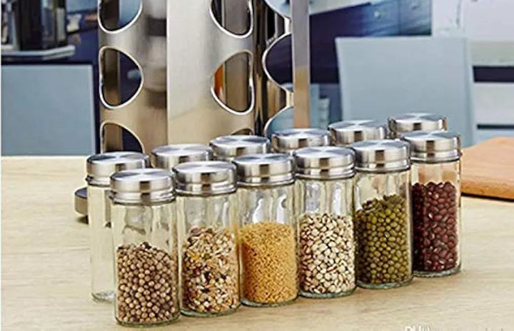 SG-Mart Spice Rack Organizer with 12 Empty Spice Jars for Cabinet Countertop spice Imitation Wood Portable seasoning Stainless Steel Storage Rack Stand Holder for Kitchen Hotel