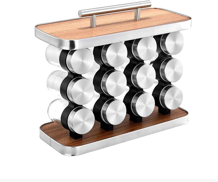SG-Mart Spice Rack Organizer with 12 Empty Spice Jars for Cabinet Countertop spice Imitation Wood Portable seasoning Stainless Steel Storage Rack Stand Holder for Kitchen Hotel