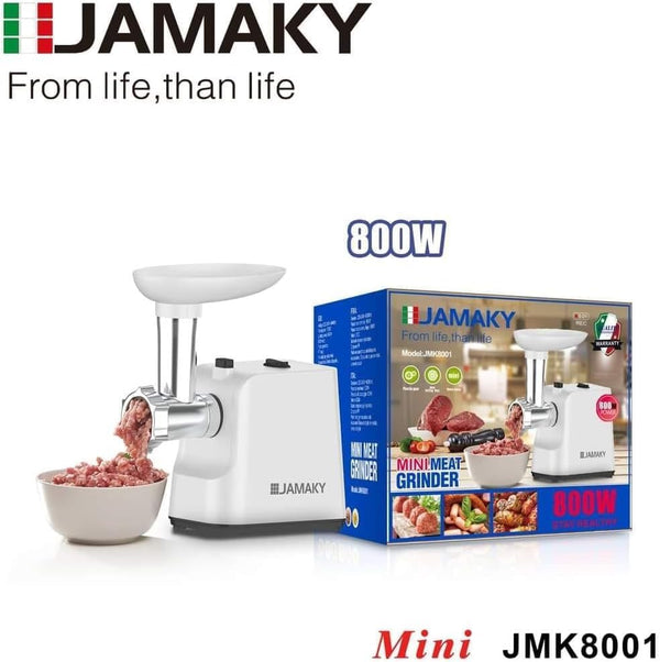 مفرمة لحوم كهربائية مينى من JAMAKY – قوة 800 وات – موتور نحاس – شفرات ستانلس – لون أبيض – موديل JMK8001
