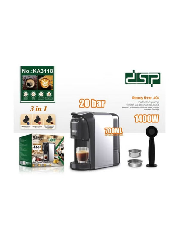 ماكينة قهوة متعددة الكبسولات - ضغط 20 بار، 1400 واط - KA3118