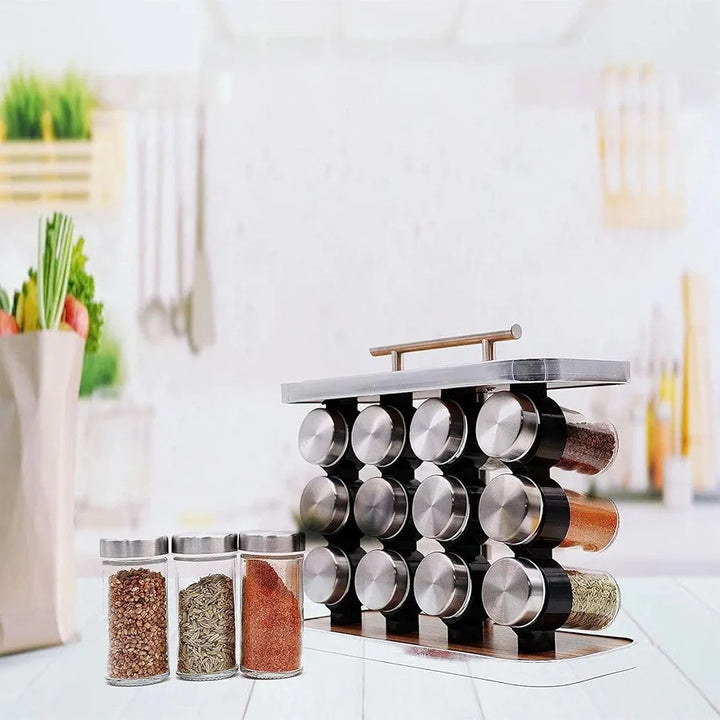 SG-Mart Spice Rack Organizer with 12 Empty Spice Jars for Cabinet Countertop spice Imitation Wood Portable seasoning Stainless Steel Storage Rack Stand Holder for Kitchen Hotel