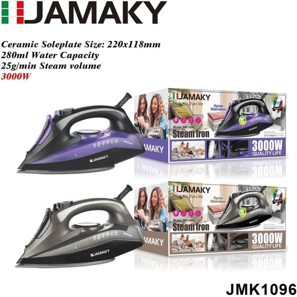 مكواة بخار محمولة احترافية من JAMAKY – تقنية إيطالية – 3000 واط – سعة 280 مل – قاعدة غير لاصقة