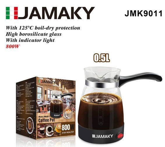 كنكة قهوة تركي كهربائية من JAMAKY – زجاج بوروسيليكات – 800 واط – 0.5 لتر – موديل JMK9011