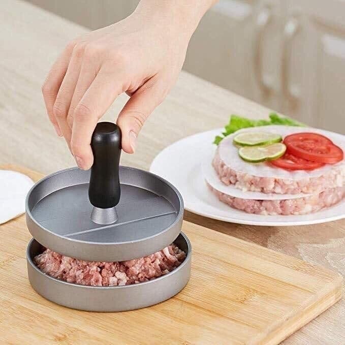 🍔 مكبس برجر معدني بيد خشب – لتحضير برجر بيتي صحي ومتساوي بكل سهولة ❤️