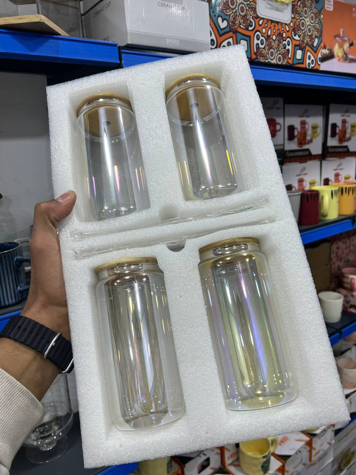 طقم كوب كانز زجاج 4×1 – بايركس حراري + شاليموه زجاج وغطاء خشب 🤍🥤 | سعة 550 مل