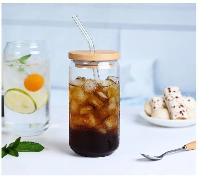 كوب برطمان كانز زجاج – بايركس حراري + شاليموه زجاج وغطاء خشب | سعة 500 مل 🥤🪵