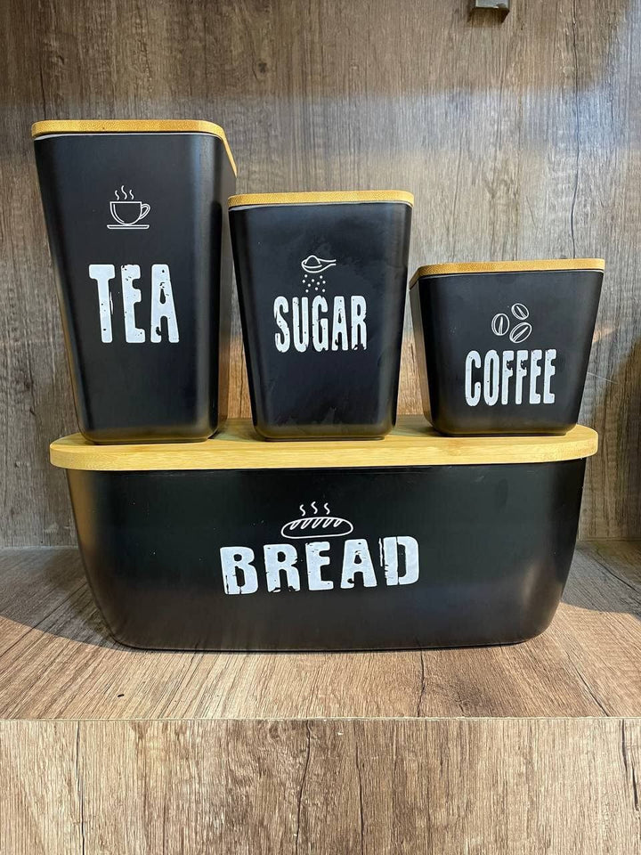 طقم كوفي + عياشة بامبو – بغطاء خشب شيك جداً | 3 برطمانات بأحجام مختلفة + عياشة تقديم 🪵☕
