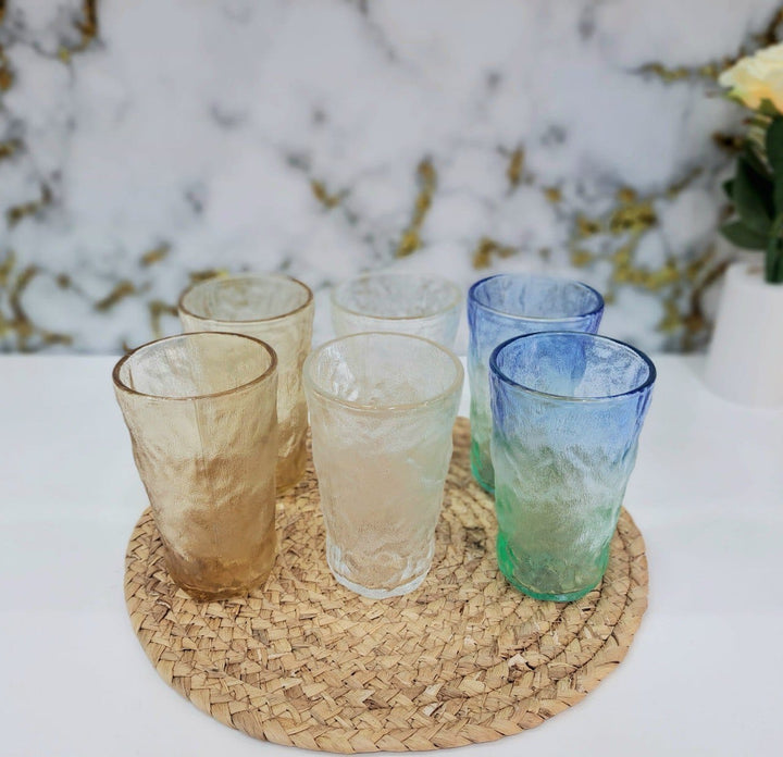 🥤 طقم أكواب مشبر ألوان – 6 قطع بتصميم أنيق وخامة زجاج مستورد