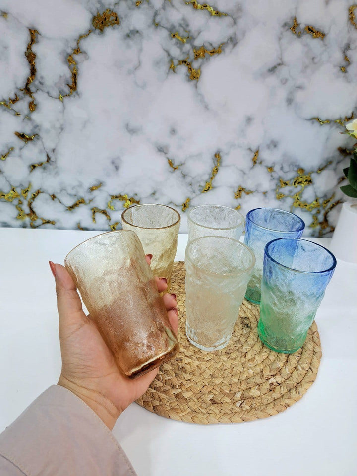 🥤 طقم أكواب مشبر ألوان – 6 قطع بتصميم أنيق وخامة زجاج مستورد