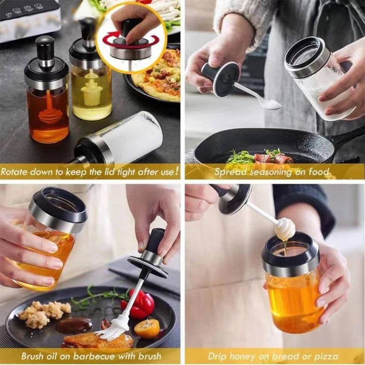 طقم برطمان 3 قطع كوبي – مع فرشة، سباتيولا، ومعلقة عسل 🍯 | زجاج بيور بغطاء محكم