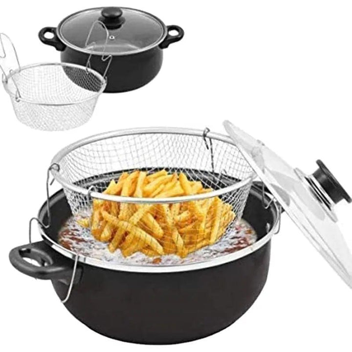 حلة تحمير جرانيت 💫 – مع باسكت شبك وغطاء زجاجي حراري | مقاس 26 سم 🥘🍟