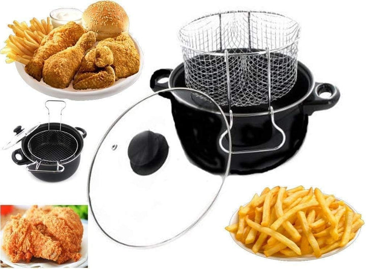 حلة تحمير جرانيت 💫 – مع باسكت شبك وغطاء زجاجي حراري | مقاس 26 سم 🥘🍟