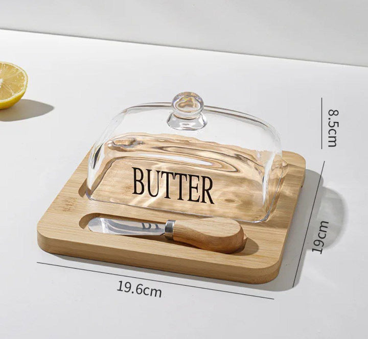 🏷️ حافظة زبدة بغطاء بايركس + سكين تقديم | قاعدة قابلة للاستخدام كبلانشة خشب 🧈🔪