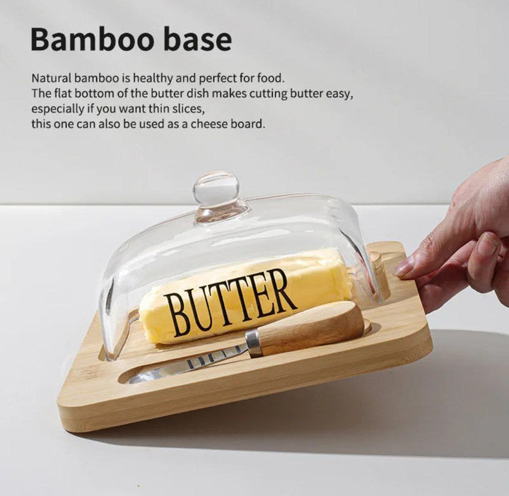 🏷️ حافظة زبدة بغطاء بايركس + سكين تقديم | قاعدة قابلة للاستخدام كبلانشة خشب 🧈🔪