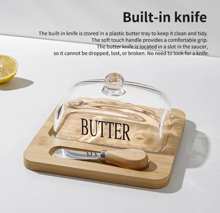 🏷️ حافظة زبدة بغطاء بايركس + سكين تقديم | قاعدة قابلة للاستخدام كبلانشة خشب 🧈🔪