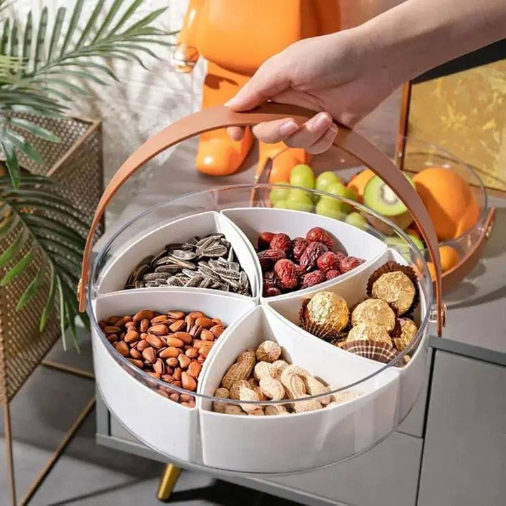 🍬 علبة تخزين الحلويات الجامبو – 5 خانات مع غطاء أكريليك وحامل جلد